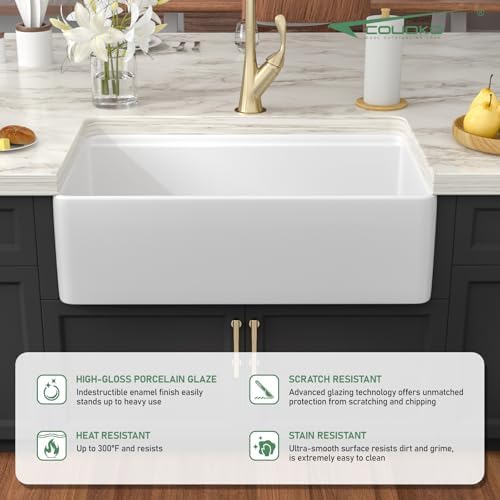 White Farmhouse Sink Workstation 33 Inch White Apron Front Fireclay Farm Sink Round Corner Apron Ceramic Single Bowl Sink Large Deep Farm Kitchen Sinks with Luxury Accessories, 33" x 20" x10" - Image 5