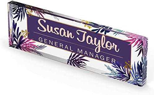 Artblox Personalized Office Desk Name Plate and Business Card Holder | Clear Acrylic Glass with Teak Wood Stand | Purple Leaf Design Customized with Your Name and Credentials Office Desk Decor - Image 5