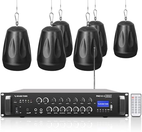 Sound Town Commercial Restaurant Bluetooth Amplifier + Pendant Speaker Set, with One 6-Zone 70V/100V Amplifier with Bluetooth, 6 x All-Weather 4-Inch Pendant Speakers, Black (PAC180X6PD4B) by SOUNDTOWN