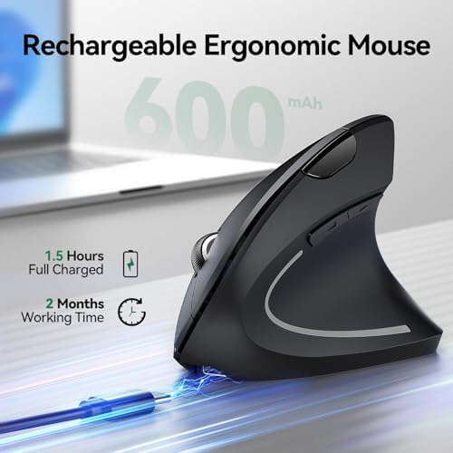 TECKNET Wireless Ergonomic Mouse, Vertical Computer Mouse for Wrist Comfort, Rechargeable Optical Mouse with Adjustable DPI（4800）, Silent Click, 6 Buttons, USB Receiver for Laptop, Desktop, PC, Mac - Image 3