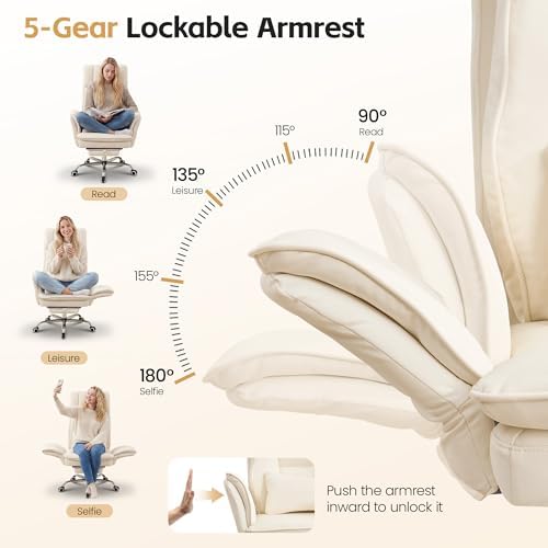 Big and Tall Office Chair, Footrest & Flip Armrest for Pets Off-white - Image 3