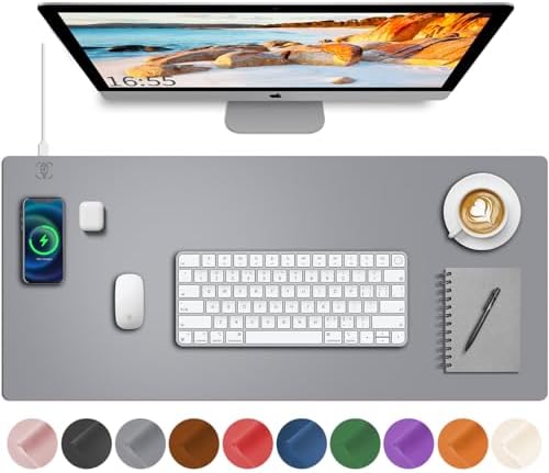 Leather Desk Mat with Wireless Charging - Gray Gaming Mouse Pad, 32" x 16" by HopeLum