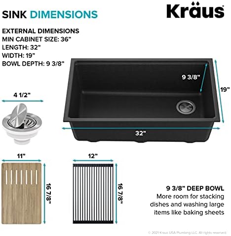 KRAUS Bellucci Workstation 32 in. Undermount Granite Composite Single Bowl Kitchen Sink in Metallic Black with Accessories with WasteGuard™ Continuous Feed Garbage Disposal, KGUW2-33MB-100-75MB - Image 4