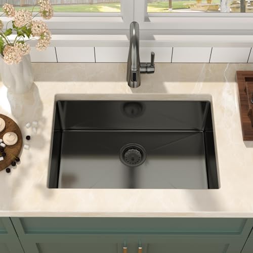 Mocoloo 26 Inch Gunmetal Black Undermount Kitchen Sink - 26" x 18" T304 Stainless Steel Handmade Single Bowl Round Corner Under Counter 9" Deep Basin - Image 4
