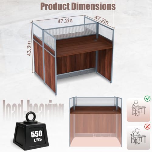 Modular Office Cubicle Desk Workstation with Privacy Panels and Cable Management, 2-Person Long Computer Desk for Commercial Workspace, Sound Dampening Partition Wall (Walnut, 47.2IN) - Image 2