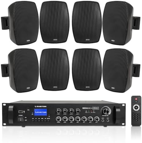 Sound Town 4-Zone Commercial Amplifier and 8 Wall Speakers (SDCA240X8VL4B) by SOUNDTOWN