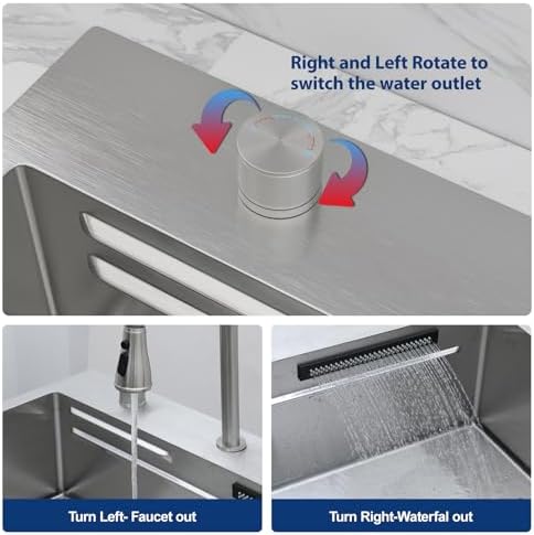 Sarlai 33 Inch Waterfall Kitchen Sink - 33x22 Inch Drop In Kitchen Sink Ledge Workstation Topmount Multifuctional Smart Stainless Steel 16 Guage Single Bowl Sinks Basin with Faucet - Image 5