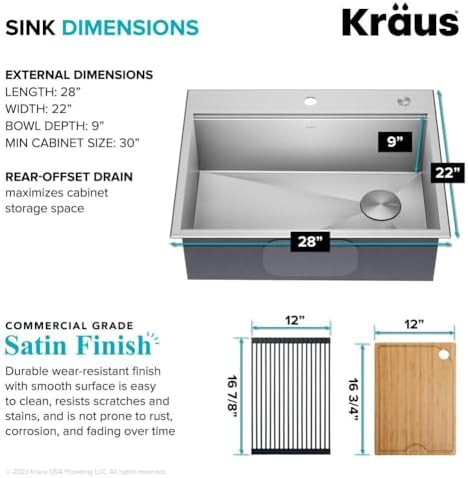 KRAUS Kore 28-Inch Drop In/Top Mount Workstation 16 Gauge Single Bowl Stainless Steel Kitchen Sink with Accessories, KWT310-28 - Image 5