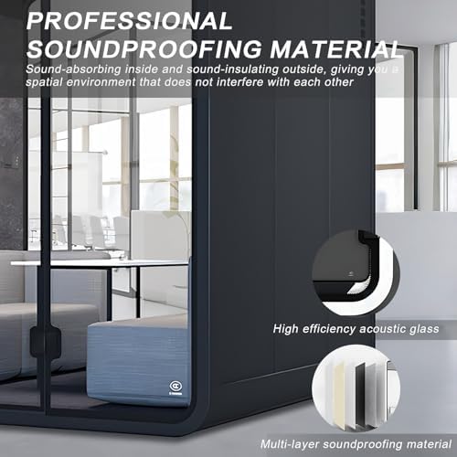 Office Sound Booth with Audio Privacy - Black Office Pod with Curved Corner Design&Small Table,Soundproof Booth Includes Central Lighting,Honeycomb Aluminum Panel,Fans for Meeting(86IN) - Image 4