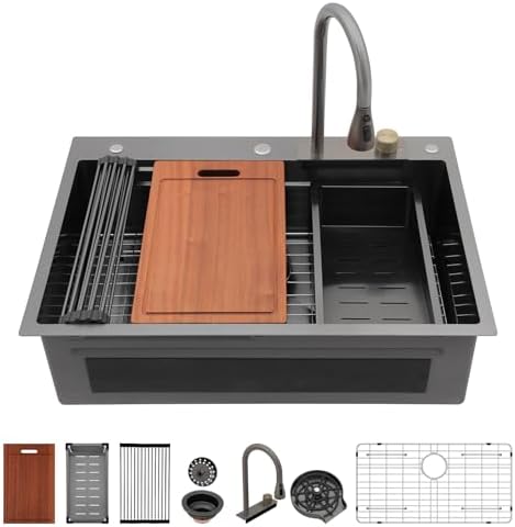 Sarlai 33 Inch Waterfall Kitchen Sink Workstation - 33x22 Black Waterfall Drop In Sink Stainless Steel 16 Gauge Sink Multifunction Single Bowl Smart Top Mount Kitchen Sinks with Faucet Combo by Sarlai