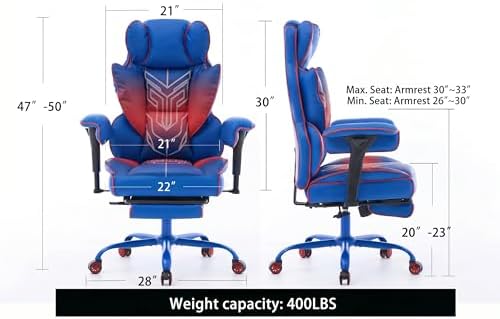 Big and Tall Gaming Office Chair 400lbs - Heavy Duty Ergonomic Computer Desk Chair with Footrest, Adjustable Armrests, High Back PU Leather with Racing Style (Blue/Red) - Image 2
