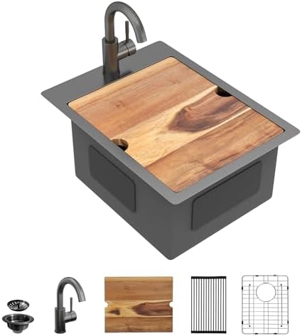 15"x20" Black Bar Prep Sink Drop In Workstation with Faucet Combo by FULORNI