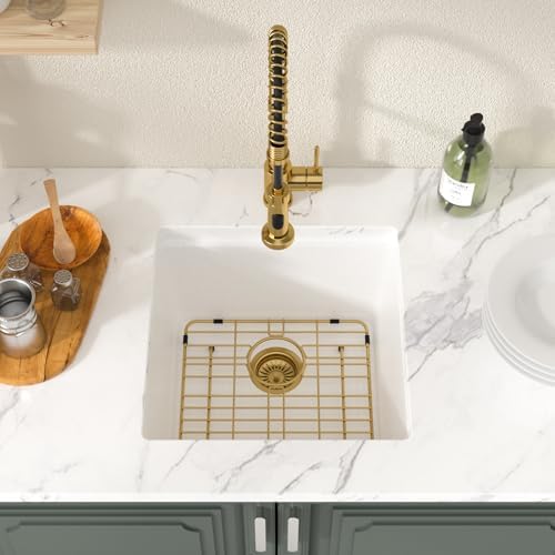 Lordear 18 Inch White Kitchen Sink Granite Composite Undermount Bar Workstation 18x18 White Quartz Sinks Under Counter Single Bowl with Classic Gold Accessories - Image 4