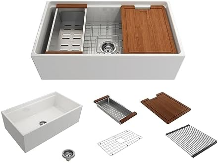 BOCCHI Contempo Workstation Apron Front Step Rim Fireclay 33 in. Single Bowl Kitchen Sink with Accessories in White by BOCCHIKitchenandBath