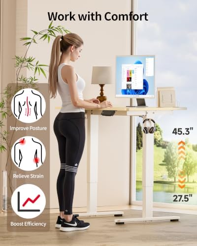 Okin Standing Desk Electric Adjustable Computer Whole Piece Stand up Desk with Wheels Office Gaming Home Office Memory Desks 48x24 inches Cream Brown - Image 5