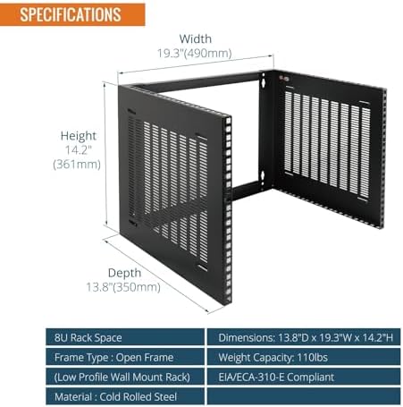 Tecmojo 8U Wall Mount Rack,8U Rack 14 inch Depth,19" Network Rack for Shallow Server and IT Equipment, Network Switches,Patch Panel Bracket,110lbs(50kg) Weight Capacity,Black - Image 2
