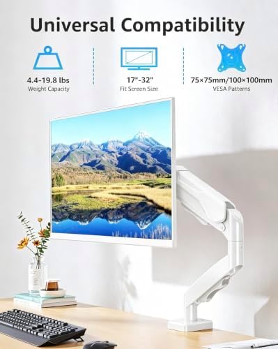 MOUNTUP Single Monitor Desk Mount Holds Screen up to 32 inch, Height Adjustable Monitor Arm, Full Motion Computer Monitors Stand with Clamp/Grommet Base, VESA Mounts Fit 4.4-19.8lbs Computer, White - Image 3