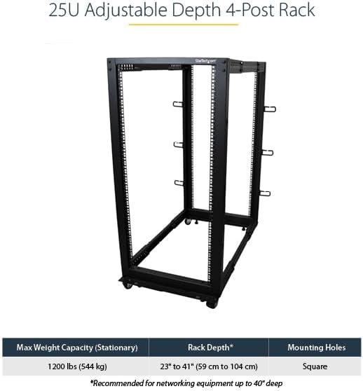 StarTech 25U 4-Post Open Frame Server Rack, 19in, 1200lb/544kg, Mobile - Image 2