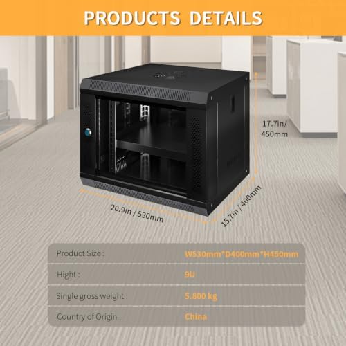 9U Wall Mount Server Cabinet IT Network Rack Enclosure Lockable Glass Door Black - Image 2