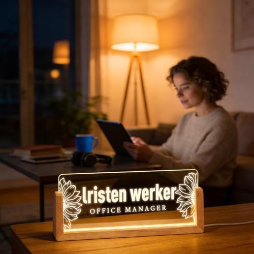 Personalized Light Up Acrylic Desk Name Plate - Custom Name Plate for Desk with Walnut Wood Base - Appreciation Office Gifts for Employees, Teacher, Social Worker (Sunflower-2) - Image 3