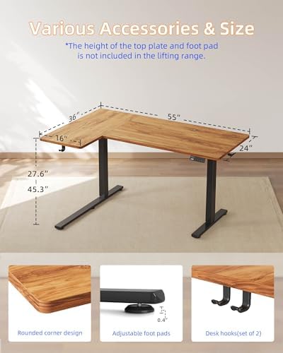 YIHAYO Reversiable L-Shaped Electric Standing Desk, 55 Inches Stand Up Corner Desk, Sit and Stand Up for Work Office Home, Ergonomic Rising Computer Table with Splice Board, Rustic Brown - Image 2