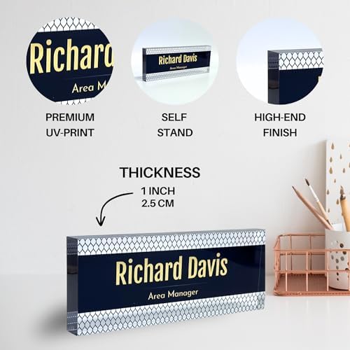 Customized Clear Acrylic Thick 8x3" Desk Name Plate Block with Personalized Logo - Professional Office Decor - Customized Acrylic Plate Gift for Teacher Co-workers (Elegant Navy) - Image 2