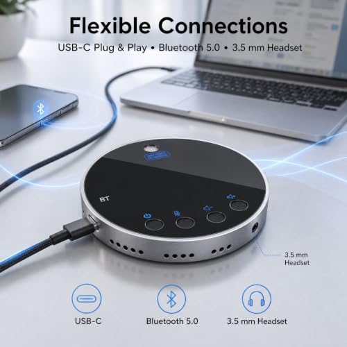 Bluetooth Conference Speaker and Microphone, Bluetooth Speakerphone for Small Meeting Room，Wireless Conference Speaker 360°Voice Pick up with Noise Cancellation Mics for Computer/Laptop - Image 4