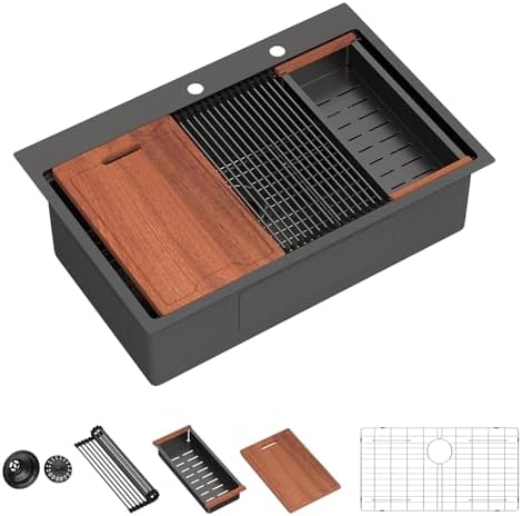 Lordear 33x22 Inch Drop In Black Kitchen Sink Workstation by LORDEAR