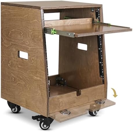 Sound Town DIY Slanted 10U Studio Rack (2U Top + 8U Lower), with 2U Bottom Storage, Slide-Out Tray, Caster, Plywood, Weathered Brown for Recording Room, Home Studio (SDRK-ST10TB) - Image 4