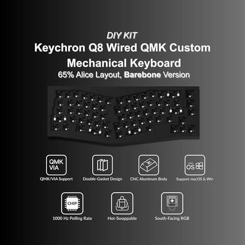 Keychron Q8 65% Alice Layout Barebone Mechanical Keyboard – Full Metal, Wired, Hot-Swappable, QMK Programmable Macros, Mac/Windows/Linux Compatible, RGB, Double-Gasket DIY Kit – Black - Image 3