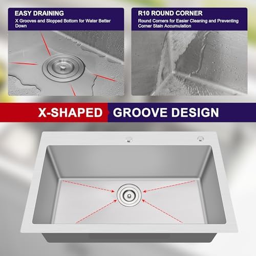 33x22 Drop In Single Bowl 33 Inch Topmount Handmade Kitchen Sink - Image 6