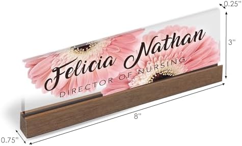 Artblox Personalized Office Desk Name Plate and Business Card Holder | Clear Acrylic Glass with Teak Wood Stand | Pink Daises Design Customized with Your Name and Credentials Office Desk Decor - Image 3
