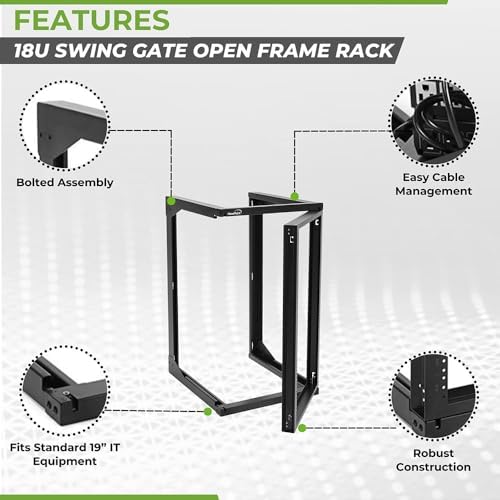 NavePoint 18U Server Rack with Swing Gate - Wall Mount Rack for 19 Inch IT Equipment Open Frame Rack – Network Rack Wall Mount for AV & Server Equipment 18” Deep Rack, Black - Image 2