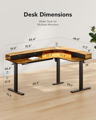 HUANUO 65″ L Shaped Standing Desk with 3 Drawers, Adjustable, Vintage Brown - Image 2