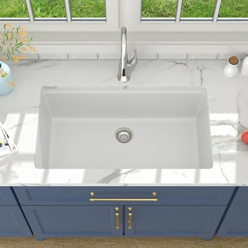 Lordear 33 Inch White Kitchen Sink Undermount Composite Granite Quartz Single Bowl Workstation 33x19x10 Inch Under Counter Kitchen Sinks - Image 4