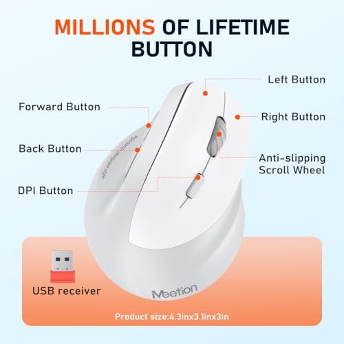MEETION Ergonomic Wireless Vertical Mouse, Rechargeable, Gray - Image 6