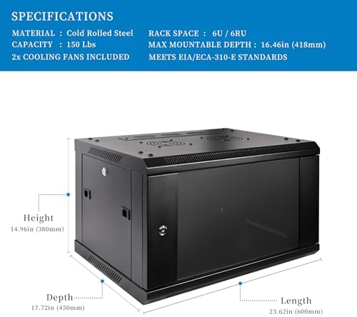 RackPath 6U Professional Wall Mount Server Cabinet Network Rack Enclosure with 2X Quiet Cooling Fan, 1x Brush Cable Management Panel, Black - Image 2