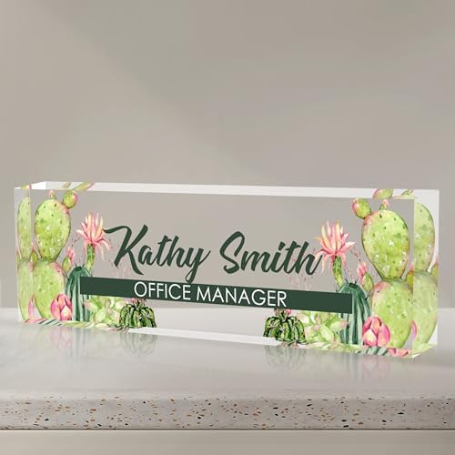 Personalized Name Plate for Desk, Custom Desk Name Plate, Acrylic Name Plate Office Desk Accessories, Personalized Office Gifts for Coworkers Teachers, Employee Appreciation Gifts (A-Cactus) by EOBIBIFUN