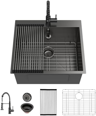 Sarlai Laundry Sink with Faucet Drop In 25"x22"x12" Deep Black Laundry Utility Kitchen Sink Drop-in Topmount Single Bowl Sink 16 Gauge Stainless Steel Gunmetal Black Kitchen Laundry Room Sinks by Sarlai