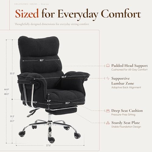 Dowinx Big and Tall Office Chair, Ergonomic Desk Chair with Thick Cushion, Wide Seat & Armrests Computer Gaming Chair,High Back Reclining Teddy Fleece Criss Cross Chair with Foot Rest, Black - Image 2