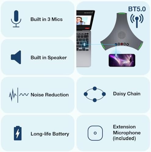 Conference Speaker and Microphone, Bluetooth Speakerphone w/ Extension Mic - Image 2