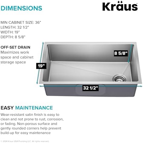 KRAUS Stainless Steel 33 in 18 Gauge Undermount Kitchen Sink KHU640-33 - Image 6