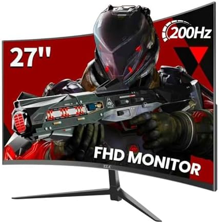 ZZA 27 Inch Curved Monitor 1800R FHD 1080p 200Hz, 27 Inch Gaming Monitor 1ms GTG VA 4000:1 120% sRGB, AMD FreeSync HDR Low Blue Light, HDMI DisplayPort VESA, for FPS Racing by ZZA
