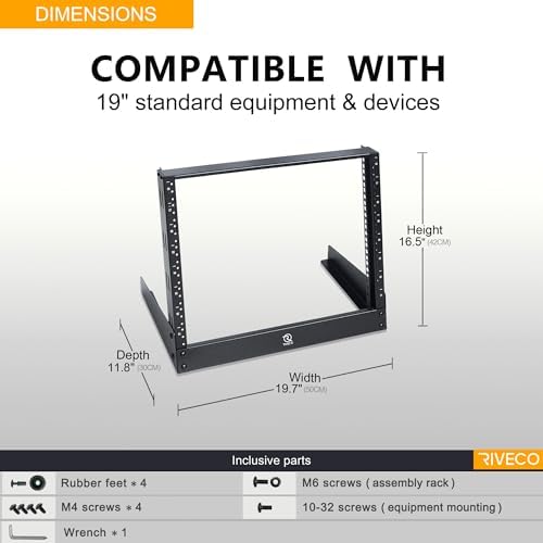 RIVECO 8u Tabletop Rack for Audio & Network, Desktop Rack Shelf Tappered Holes Open Frame Sound Recording Shelf Free Standing 2 Post Black - Image 3