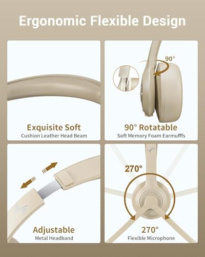 JIAMQISHI Bluetooth V5.2 Office Headset in Apricot, Wireless Headphones with Noise Reduction Microphone, USB Receiver and Mic Mute for Video Conference & Cellphones - Image 6