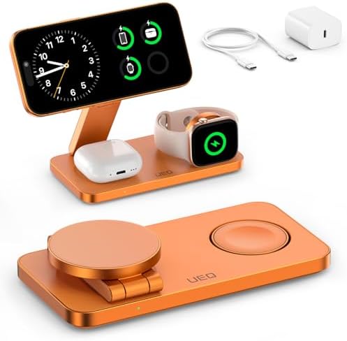 UEQ Foldable 3 in 1 Wireless Charging Station for Apple Mag Safe Charger Stand,Fast Magnetic Wireless Charger Station for iPhone 17 Air 16 15 14 13 12 Series,Airpods Pro,Apple Watch Ultra (Orange) by UEQ
