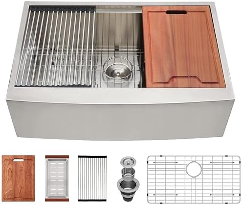 Lordear 33 Farmhouse Sink Stainless Steel Apron Front Ledge Workstation Deep Single Bowl 16 Gauge Stainless Steel Kitchen Farm Kitchen Sinks with Accessories, 9" Apron Height by LORDEAR