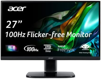 Acer KB272 EBI 27" IPS Full HD (1920 x 1080) Zero-Frame Gaming Office Monitor | AMD FreeSync Technology | Up to 100Hz Refresh | 1ms (VRB) | Low Blue Light | Tilt | HDMI & VGA Ports,Black by Unknown