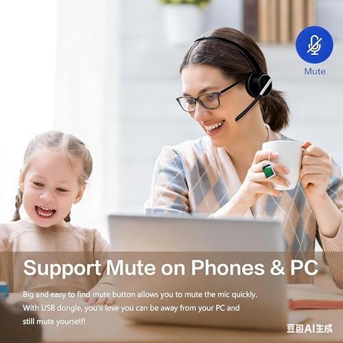 PrancyBt Wireless Headset, Bluetooth Headset with AI Noise Cancelling Mic, Bluetooth V5.2 Headphones with USB Dongle, Charging Base & Mic Mute for PC/Cell Phones/Call Center - Image 3