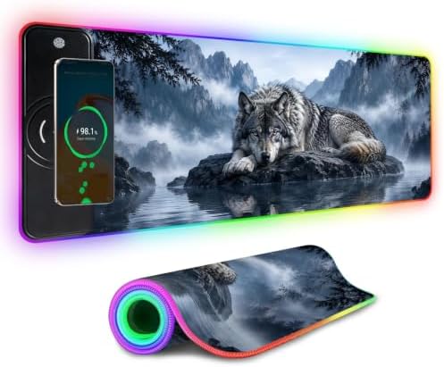 Wolf Wireless Charging RGB Gaming Mouse Pad, 31.5 x 11.8 Inch Extended Mouse Mat with Neon Geometric Line Design, LED Desk Pad with 7 Lighting Modes, Non-Slip Base for Gaming & Office by LEIWEIHOPE